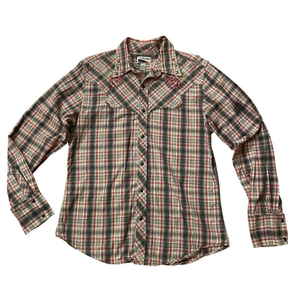 Vintage Rare Rose Plaid Western Shirt | Y2K Cowgirl Snap Button, L, Embroidery